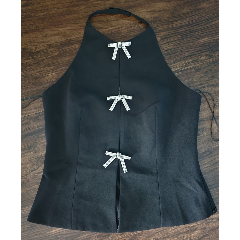 Mable Halter Backless Top Size Large  Rhinestone Bows Black L